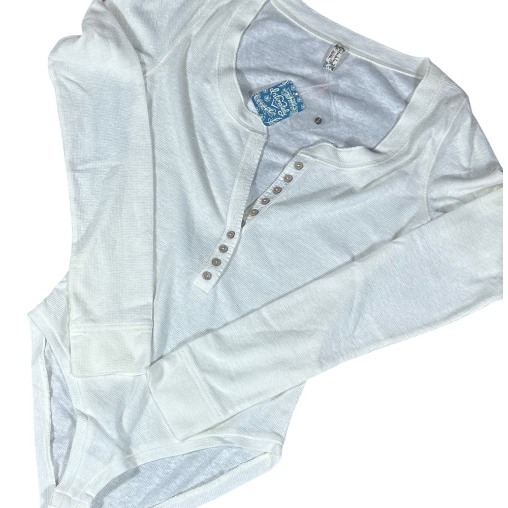 Free People Bodysuit NWT Women XS Ivory Henley Thermal Waffle Knit‎ Thumbhole